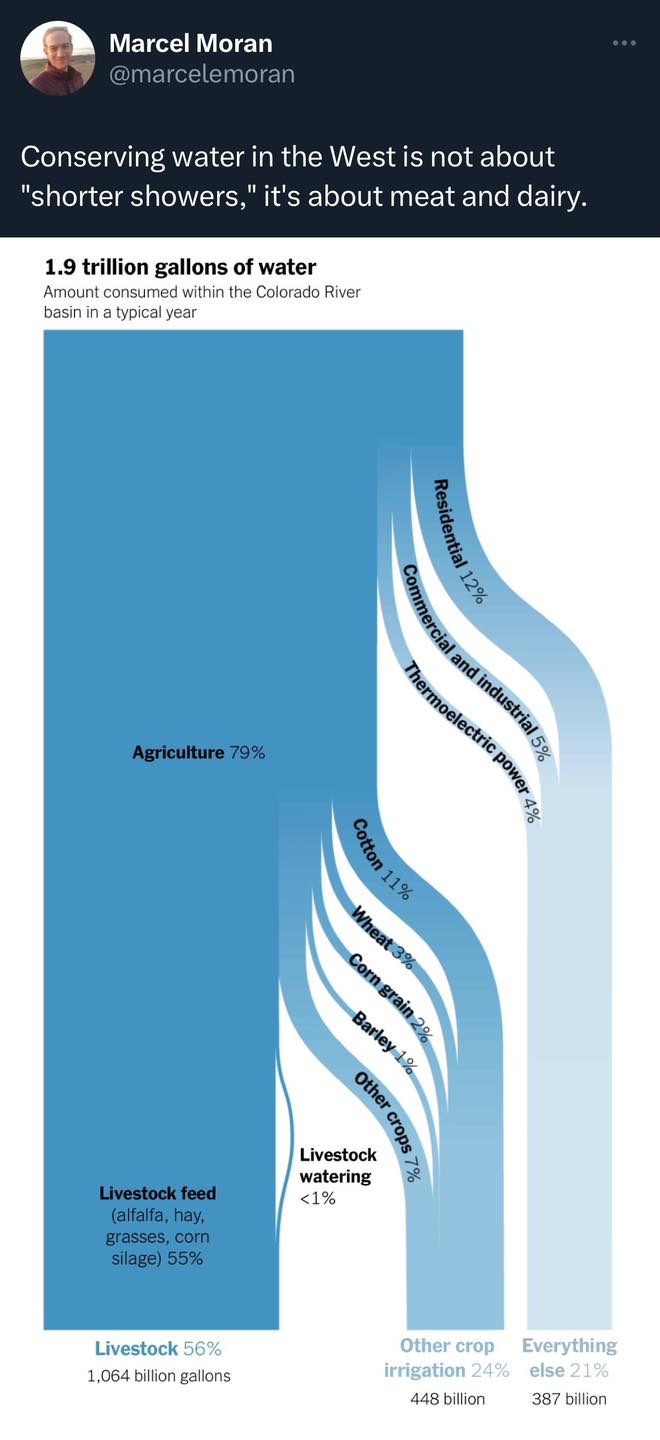 The meme is a humorous comparison between the amount of water used for agriculture and the amount of water used for other purposes. The image shows a graph with a massive blue block representing the 79% of water used for agriculture, while a tiny blue line represents the 1% of water used for other purposes. The text at the top of the image reads, "1.9 trillion gallons of water: Amount consumed within the Colorado River basin in a typical year."